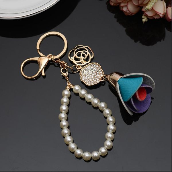 

new camellia flower leather keychain bag pendant car ornaments creative gifts long key chain buckle key ring 17 colors eh816 h bbydce