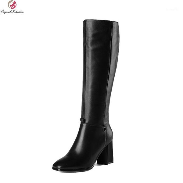 

boots original intention high-quality women knee high nice square toe heels black shoes woman us size 3-10.51