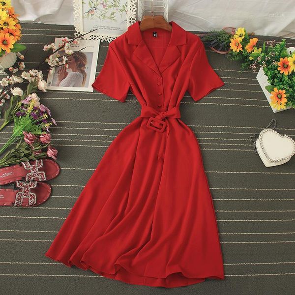 

2020 new summer vintage slim dress solid women party a line notched short high waist women party mid-calf dress1, Black;gray