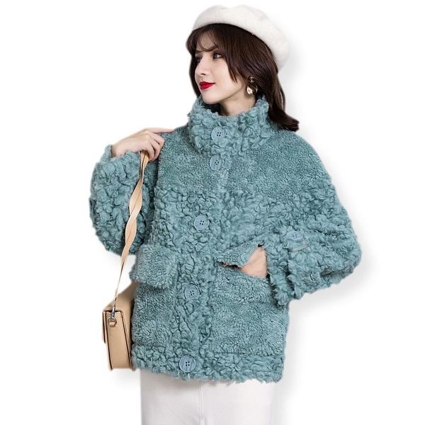 

new 100% lamb fur and wool all-in-one woman winter sheep shearing jacket female warm short cara roll particle wool fur parka, Black