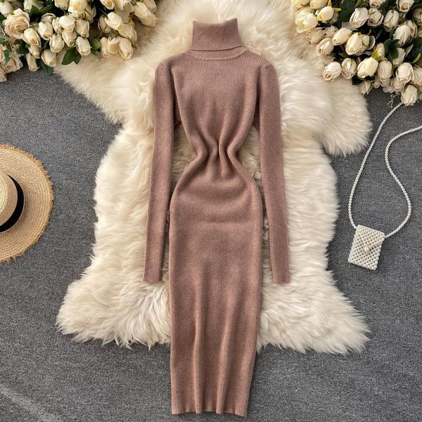 

15 colors winter knitted solid sweater dress women simple turtleneck full sleeve sheath warm base knee-length sweaters dresses, Black;gray
