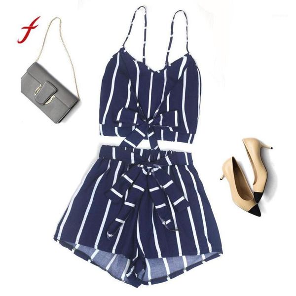 

feitong casual 2 two piece set women striped sleeveless bandage vest blouse + shorts two-piece outfit1, White