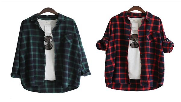 

autumn net red style korean version of loose sanded cotton plaid shirt long sleeved shirt jacket female simple fashion coat, Black;brown