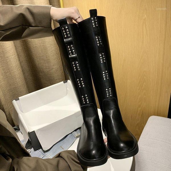 

boots rivet knee high women shoes thigh lace up motorcycle platform goth punk 20211, Black