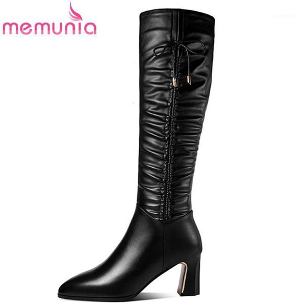 

boots memunia 2021 big size 42 knee high women genuine leather +pu pointed toe heel party wedding shoes boots1, Black