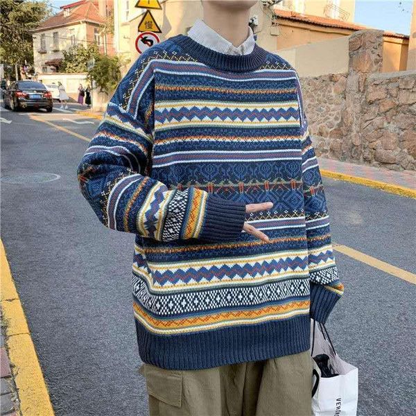 

autumn winter stripe sweater men's loose casual t-shirt color matching pullover, White;black