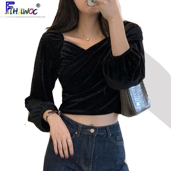 

2021 cute short crop women fashion long sleeve spring design white black lantern sleeve shirts blouses korea style 111