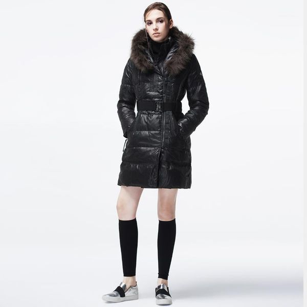 

autumn winter jacket women fashion women's down jacket racoon fur collar long coat female double-necked campera kj5531, Black