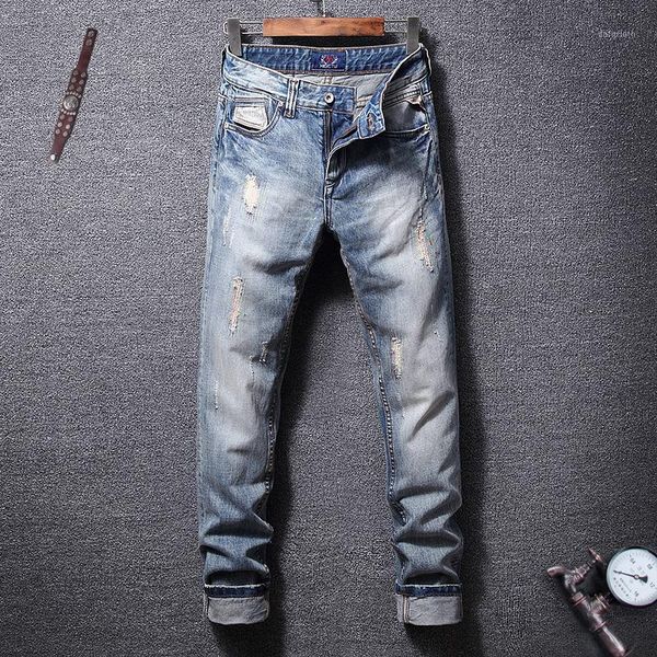

fashion streetwear men jeans retro blue slim fit embroidery ripped jeans men patchwork hip hop pants streetwear classical1