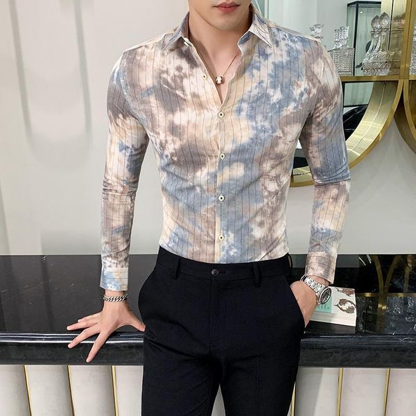 

2020 men's shirt high-quality cotton casual slim long-sleeved striped shirt printing business dress social men's clothing1, White;black