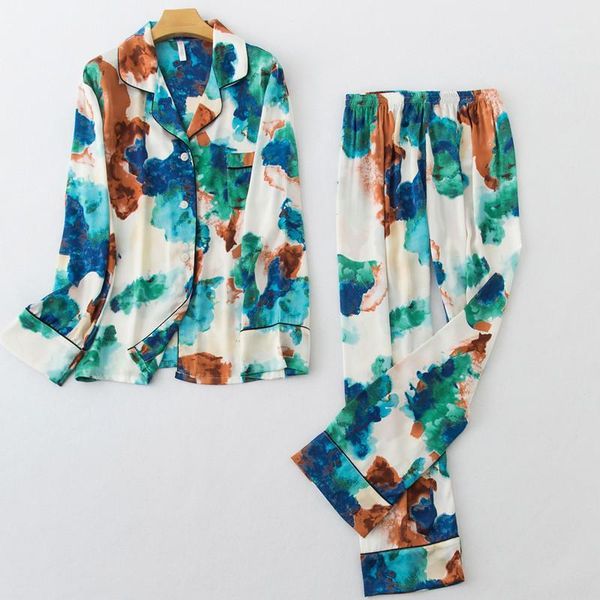 

women print 2 pcs shirt&pant pajamas set silky satin long sleeve nightwear sleep set casual soft bathrobe homewear pijamas suit1, Black;red