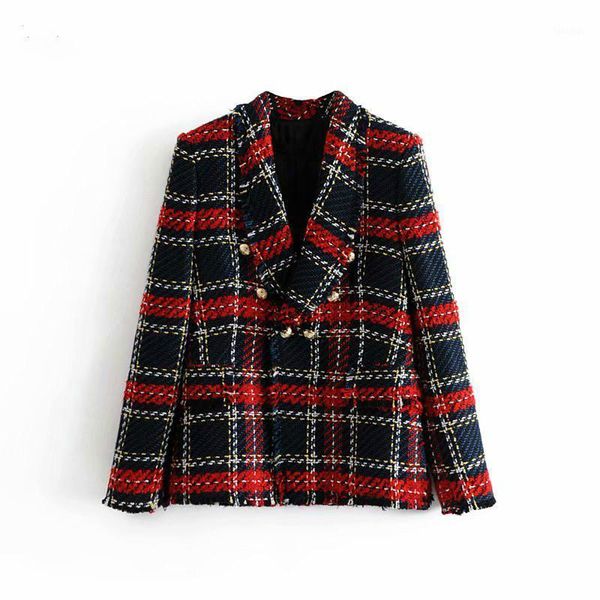 

2020 fashion coat women pockets plaid ladies outerwear casual casaco femme vintage double breasted frayed checked tweed blazers1, White;black