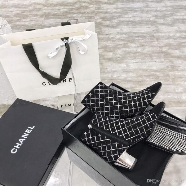 

designer womens boots black mesh crystal diamond suede side zipper tip low heel with box size 35-39