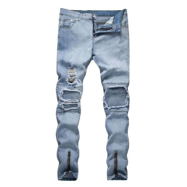 

men's jeans skinny hip hop vintage clothing cool streetwear patch hole ripped zipper jeans slim mens clothes pencil homme, Blue