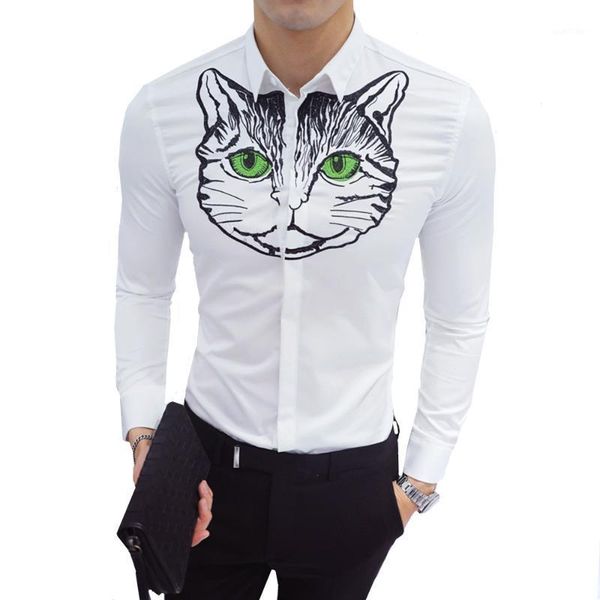 

spring new men casual shirts long sleeve slim fit fashion print embroidered cat pattern shirt male night club bar work clothes1, White;black