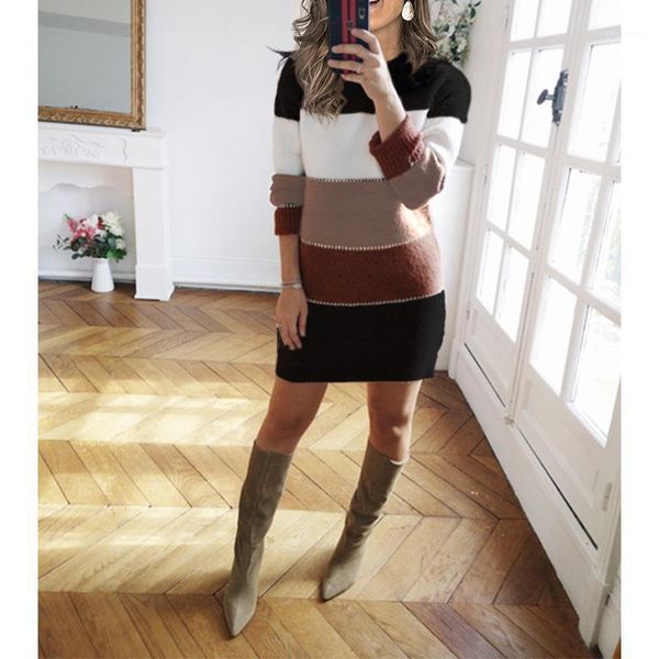 

2020 winter women knitting sweaters dress casual long sleeves female o-neck pullover fashion wool sweater dress women pullover1, White;black