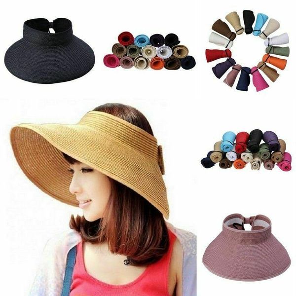 

wide brim hats women ladies fashion casual summer foldable roll up beach solid sun hat headless cap, Blue;gray