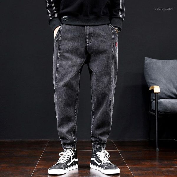 

men's jeans japanese style fashion men black color loose fit big size 42 slack bottom jogger side stripe patch harem pants1, Blue