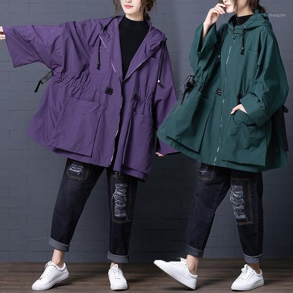 

fashion women's jacket windbreaker autumn large size hooded jacket women's korea open zipper loose long coat female1, Tan;black