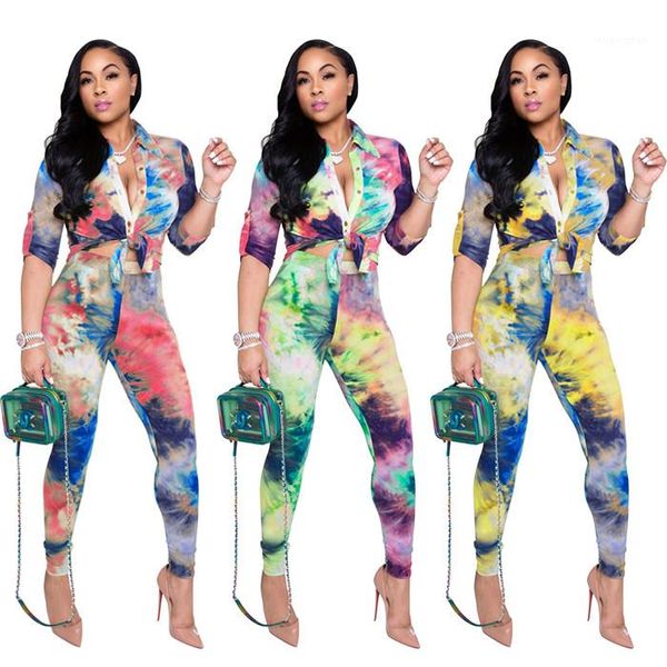 

tie dye womens two piece sets casual long sleeve lapel neck blouses and pencil pants fashion elegant women 2pcs outfit clothing, White