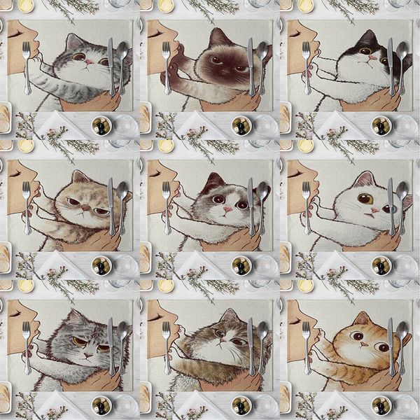 Kedi Keten Masa Mat Sevimli Kedi Karikatür Hayvan Desen Placemats Çocuklar Için Mutfak Yemek Yeri Paspaslar Pedleri T200703