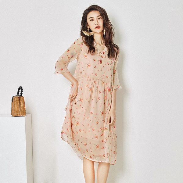 

ron too] 2020 summer light cooked long fair maiden temperament in the new show thin waist falbala georgette dress1, Black;gray