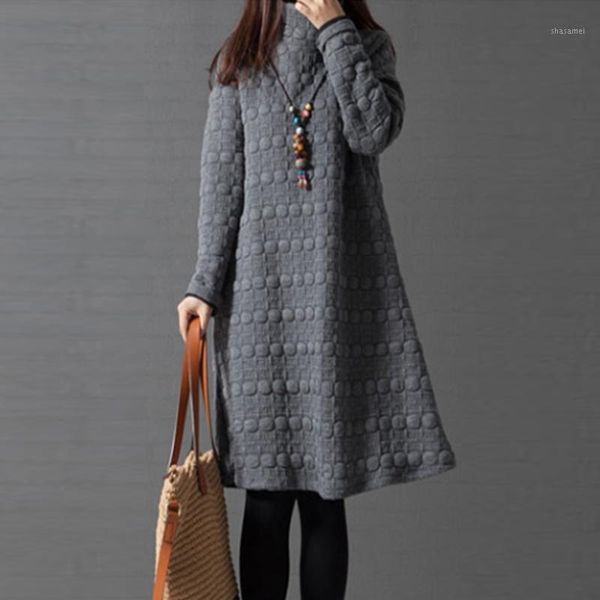 

2019 new thick autumn winter mini dress women long sleeve vintage large size turtleneck maternity dress vestidos robe1, Black;gray