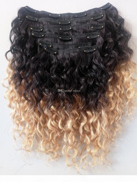 

wholesales brazilian human hair vrgin remy hair extensions clip in curly hair style natural black 1b blonde ombre color