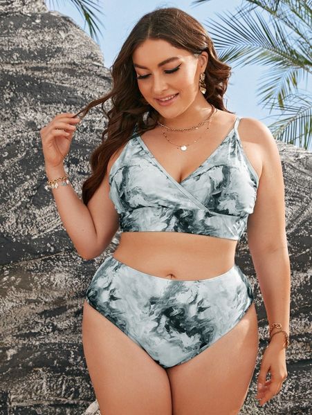 

plus abstract fluid pattern high waisted bikini swimsuit b02x#, Black