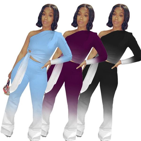 

gradient color two piece set women one shoulder crop pants suit fitness street tracksuit matching set office lady outfits, Gray