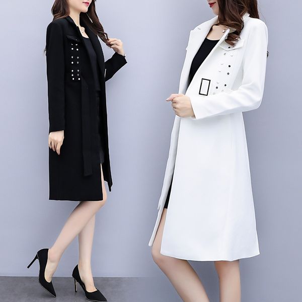 

white black women's trench coat european american style mid-long suit collar rivet slim outwear office clothing lace up k425, Tan;black