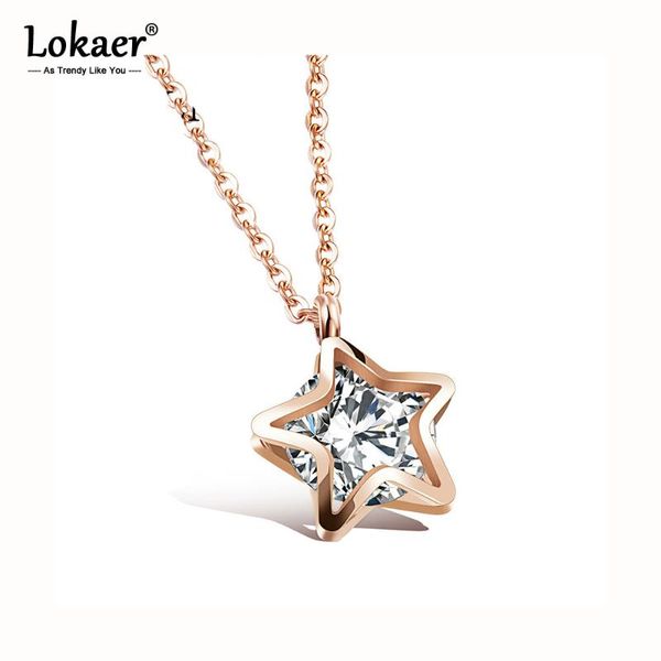 

lokaer new design star cubic zirconia pendant necklace titanium steel rose gold chic star pendant necklace for women n17066, Silver