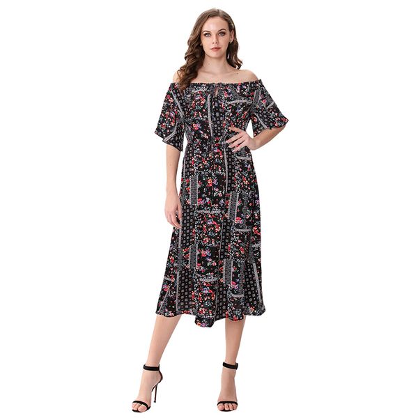 

womens elegant off shoulder floral print dress elastic waist long midi dresses m30558, Black;white