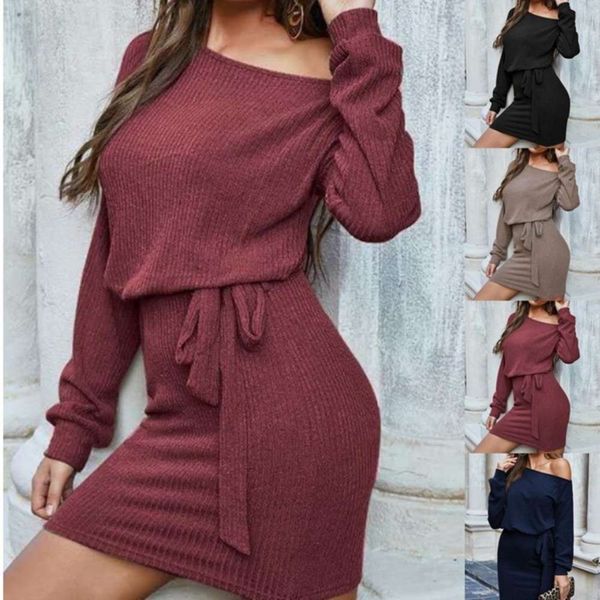 

women's maxi women dress fashions autumn winter 2020 leisure long sleeve slant shoulder waist and hip skirt dresses for woman ing, Black;gray