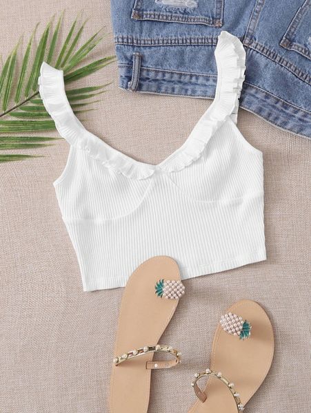 

ruffle trim rib-knit crop v62g#, White