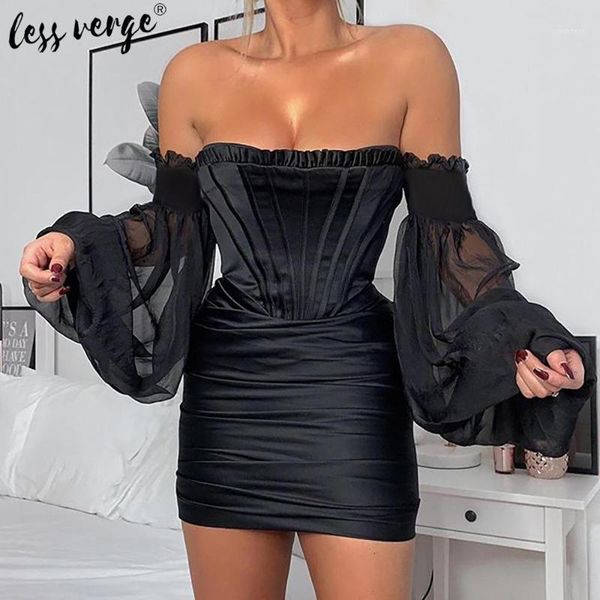 

puff sleeve ruffle mesh black dress women off shoulder ruched mini bodycon dress elegant backless short party club dresses1, Black;gray