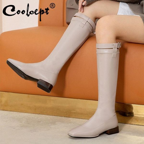 

coolcept new women knee high boots square toe zipper women winter long boots fashion shoes woman daily footwear size 31-43, Black