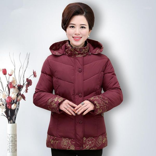 

2020 new middle age women winter floral print parkas casual hooded jacket female loose cotton padded outerwear short coats a2561, Black
