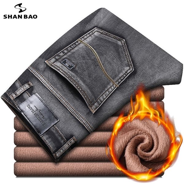 

shan bao smoky gray straight jeans 2020 brand clothing plus velvet thick warmth young men's winter business casual denim jeans q0105, Black;white
