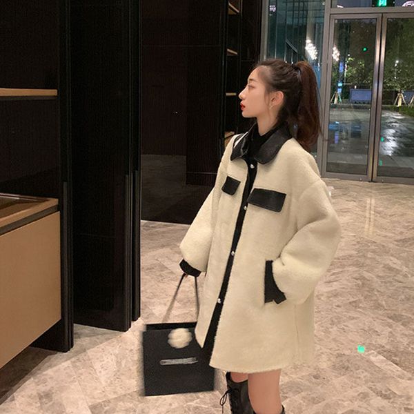 

women's 2021 lamb new autumn and winter joker loose short skin wool cloth coat bgn0, Black;brown