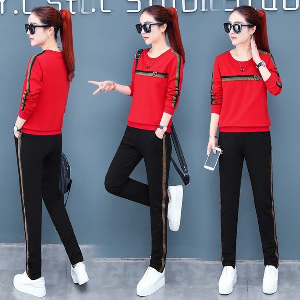 

korean long sleeve leisure sports suit women's spring and autumn two-piece sweater sweaterset round neck fashion thin sweater sportswea, Gray