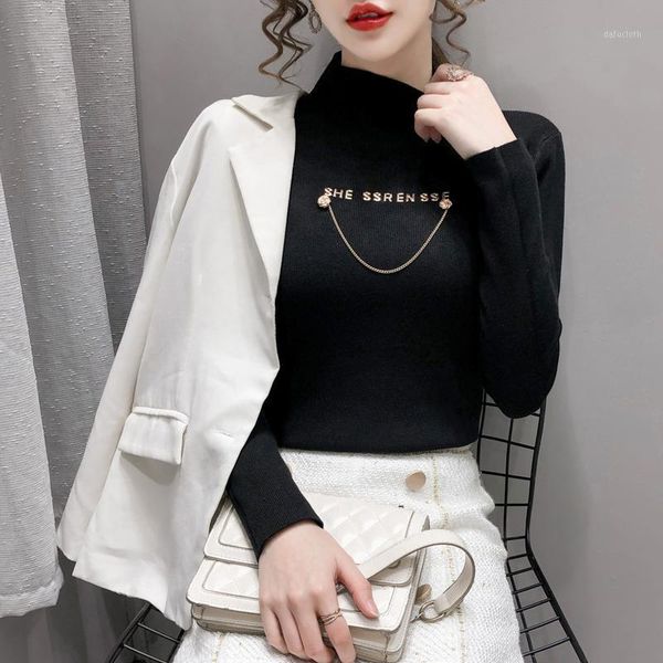 

2020 autumn winter new women thick sweater mock neck chain long sleeve pullover viscose knitting slim based good quality1, White;black