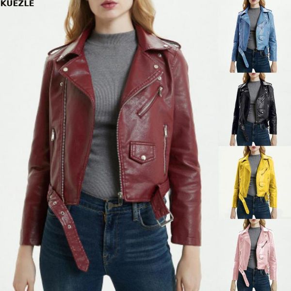 

women's leather & faux vrouwen 2021 women autunm winter black fake jackets lady pu zipper pocket motorcycle outerwear coat belt elegant