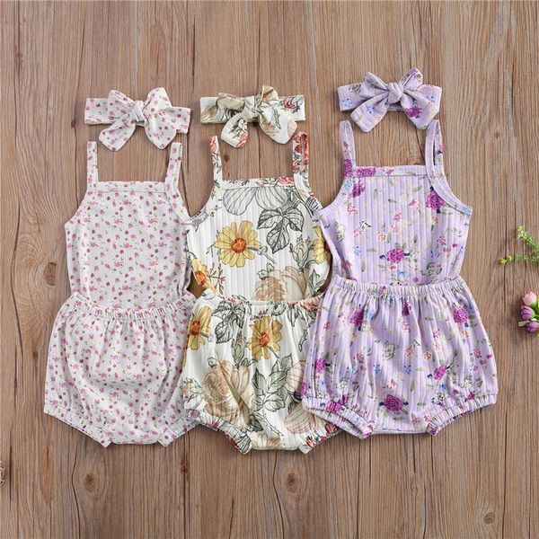 

3pcs outfit set infant newborn baby girls fashionable floral print clothes set headband sleeveless romper shorts 0-24m, White