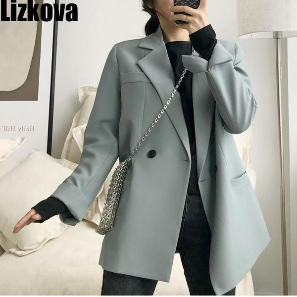 

lizkova 2021 spring blazer women solid color double breasted korean jacket pockets long sleeve loose suit coat veste femme 6001, White;black