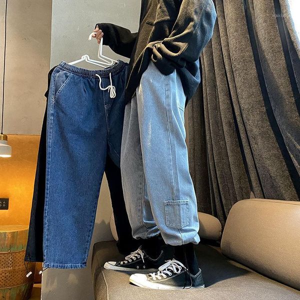 

autumn 2020 new men's loose ankle jeans young fashion casual solid color elastic waist band pants size -2xl1, Blue