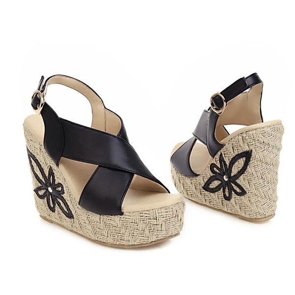 

sandals women shoes 2021 bohemian summer wedge pumps cross-tied high heels platform zapatos mujer big size 30-46, Black