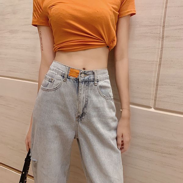 

high waisted ripped jeans for women straight wide denim pants female trousers broken hole mom jeans destroyed summer streetwear, Blue