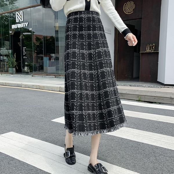 

skirts vintage elastic high waist plaid skirt women autumn winter tassel knitted a-line female big swing long womens m2152, Black