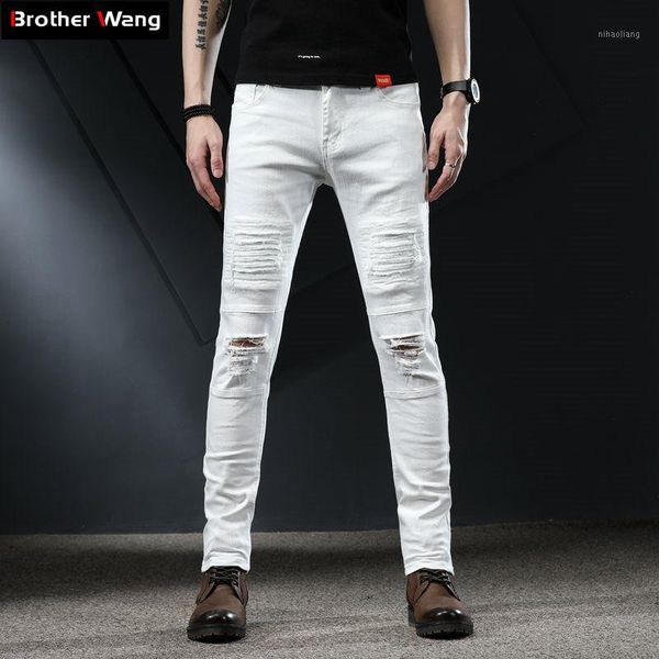 

men's jeans 2021 summer streetwear men's ripped white skinny fashion elastic force thin denim trousers male brand pants1, Blue